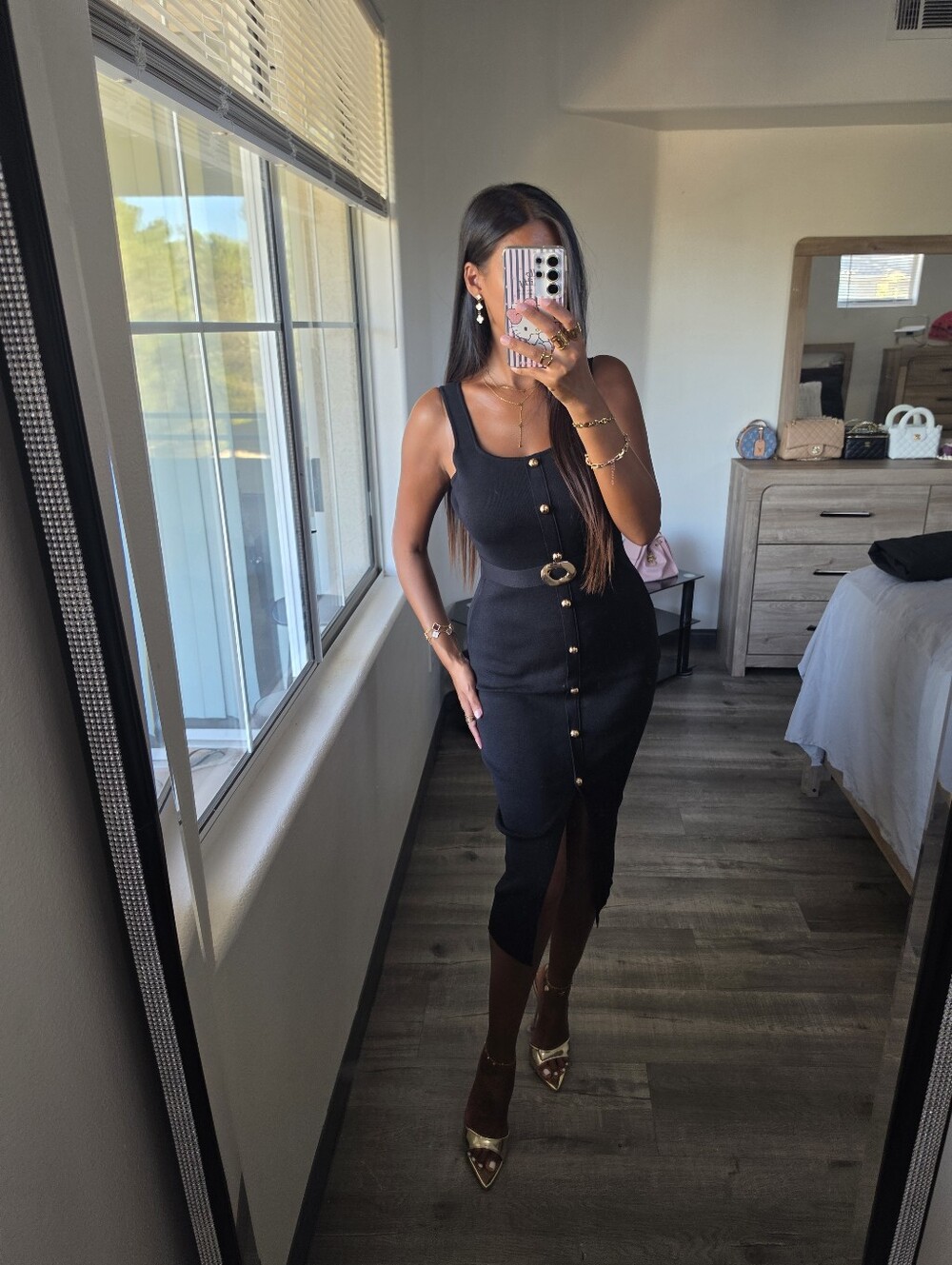 Elegant Black Button-Front Midi Dress with Belt Detail Stretchy - Picture 9 of 17